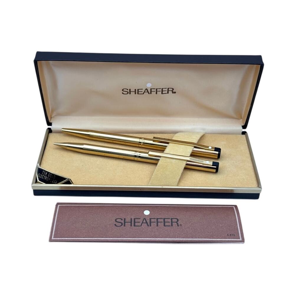 Sheaffer 23K Gold Electroplate Ballpoint Pen Mechanical Pencil Set Case Vintage